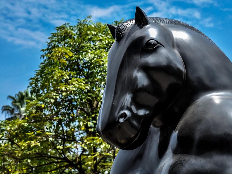 A rounded black bronze horse by Fernando Botero standing under Antioquia trees